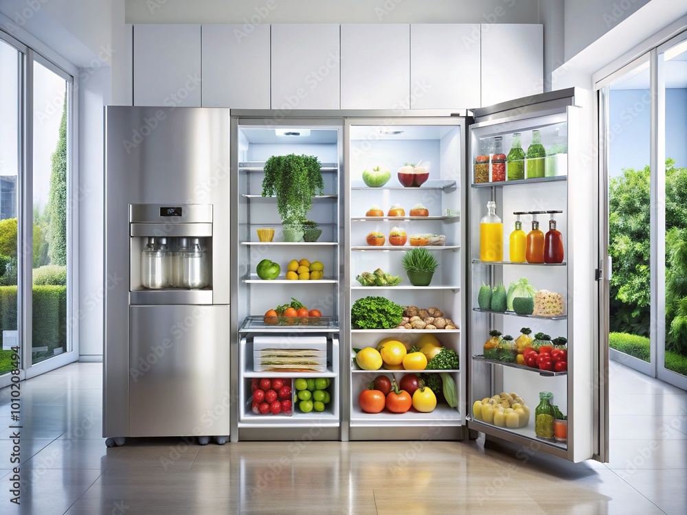 Modern kitchen interior featuring a stainless steel refrigerator with glass doors, filled with fresh fruits, vegetables, and bottled drinks, against a clean white background. Modern kitchen interior featuring a stainless steel refrigerator with glass doors, filled with fresh fruits, vegetables, and bottled drinks, against a clean white background.
