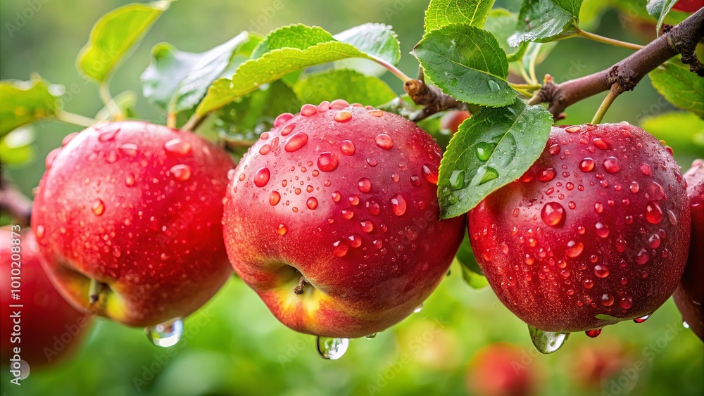 Obraz premium A cluster of ripe red apples glistening with raindrops, a symphony of nature's bounty in vivid detail.