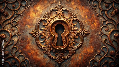 Old rusty keyhole with intricate ornate design surrounded by subtle gradient, symbolizing secrecy, mystery, and access to hidden knowledge or locked away secrets.