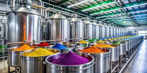 Rows of stainless steel containers lined up in a modern manufacturing facility, filled with various-colored liquids and powders, highlighting industrial chemical production process. photo