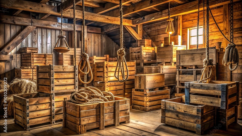 Rustic wooden crates and boxes of varying sizes are stacked haphazardly in a dimly lit, worn wooden warehouse with old ropes and pulleys surrounding them. Rustic wooden crates and boxes of varying sizes are stacked haphazardly in a dimly lit, worn wooden warehouse with old ropes and pulleys surrounding them.