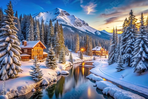 Serene winter landscape of a snow-covered mountain resort with ski lifts, evergreen trees, and a meandering stream, perfect for a relaxing snowy getaway. photo