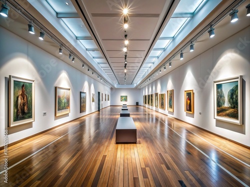 Sleek modern museum gallery interior with minimalist white walls  polished wooden floors  and elegant track lighting  showcasing iconic art pieces and sculptures.