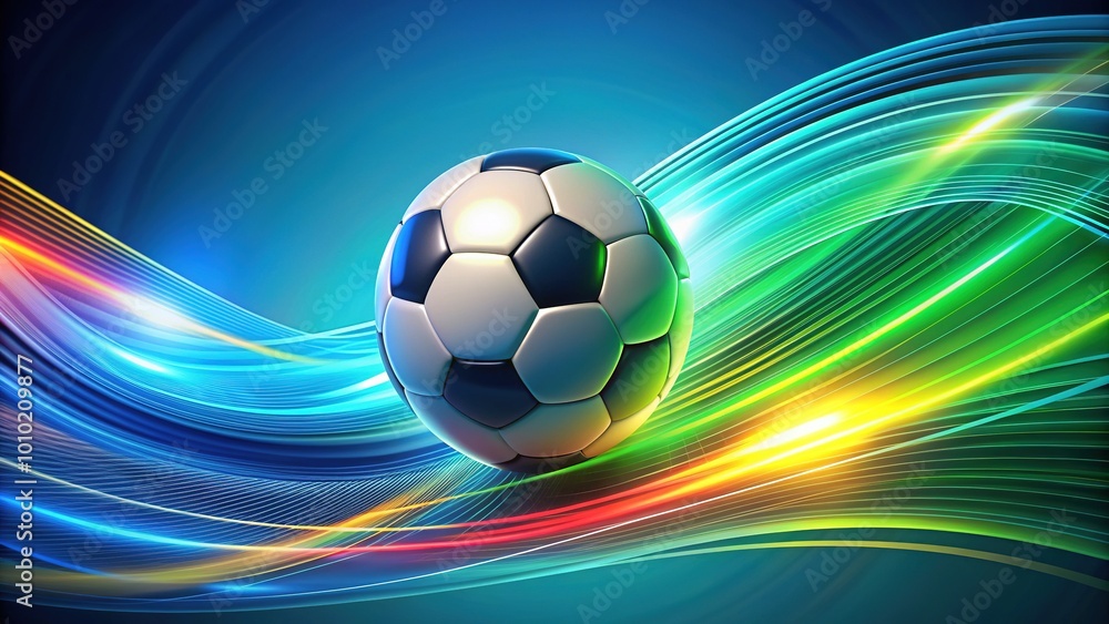 Naklejka premium Stylized illustration of a soccer ball composed of swirling motion lines and vibrant colors, set against a bold, gradient blue and green background.