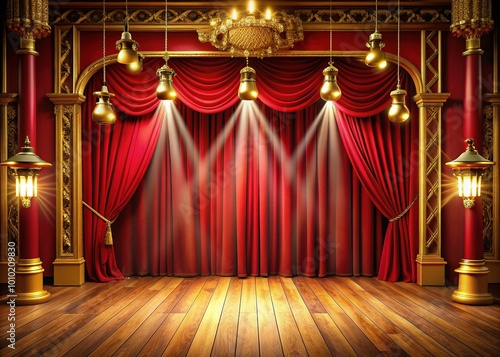 Spotlights illuminate a lavish red curtain, ornate gold fixtures, and a polished wooden floor, setting the stage for a grand theatrical performance or musical extravaganza. photo