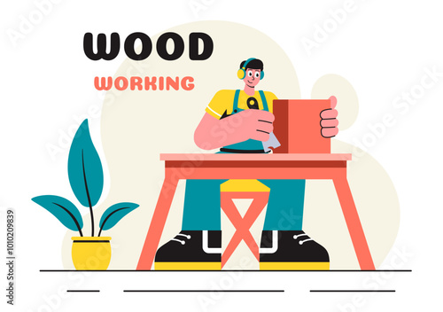  Woodworking Vector Illustration featuring Modern Craftsmen and Workers Producing Furniture Using Tools in a Flat Cartoon Style Background