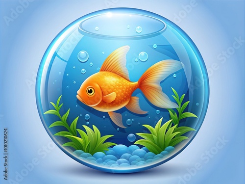 Vibrant blue aquarium icon featuring a stylized goldfish swimming amidst seaweed and bubbles, set against a transparent background with a subtle gradient effect. photo