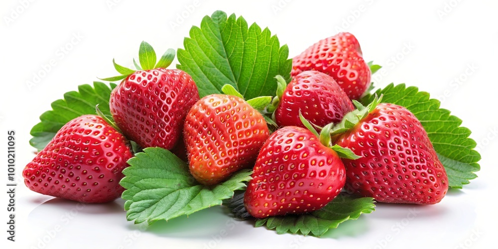 A vibrant cluster of ripe red strawberries nestled amongst verdant leaves, showcasing the natural beauty and sweetness of this popular fruit. A vibrant cluster of ripe red strawberries nestled amongst verdant leaves, showcasing the natural beauty and sweetness of this popular fruit.