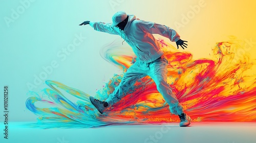 A male dancer in a white tracksuit performs a dynamic pose against a colorful, abstract background.