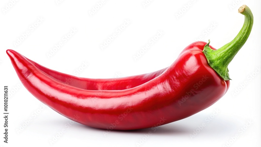 Vibrant red chili pepper slice isolated on white background, showcasing its glossy texture and intricate ridges, adding a pop of color to any culinary composition. Vibrant red chili pepper slice isolated on white background, showcasing its glossy texture and intricate ridges, adding a pop of color to any culinary composition.