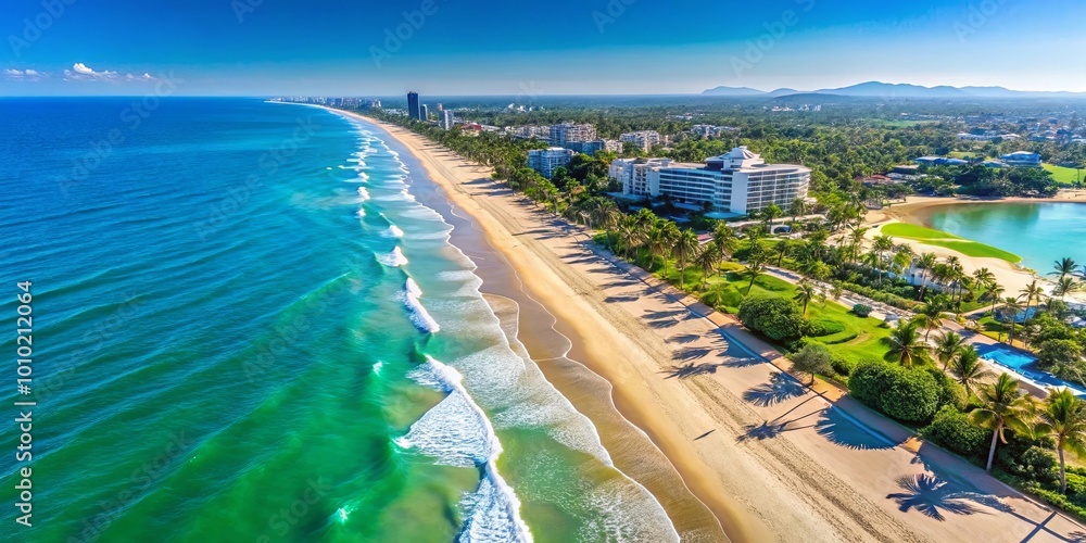 Fototapeta premium Coastal Paradise Azure Waves Embrace a Golden Shore, Palm Trees Swaying Gently in the Warm Breeze, Buildings Stand Tall on the Edge of Tranquility.
