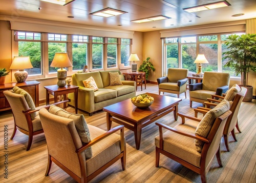 Warmly lit communal lounge with comfortable armchairs, wooden table, and large windows, creating a cozy atmosphere in an assisted living facility.