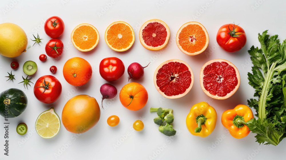 White background with cut vegetables and fruits ideal for health and health food publications. White background with cut vegetables and fruits ideal for health and health food publications.