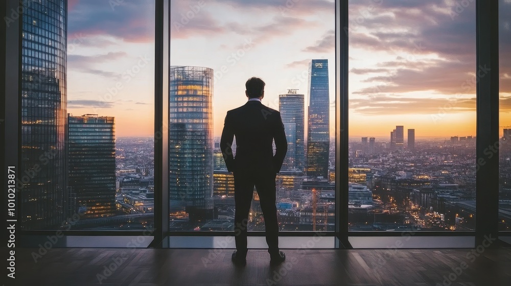 Silhouette of Business Executive Admiring the Sunset Over Modern Cityscape Silhouette of Business Executive Admiring the Sunset Over Modern Cityscape