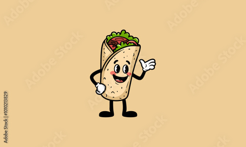 Happy burrito cartoon character waving on beige background.