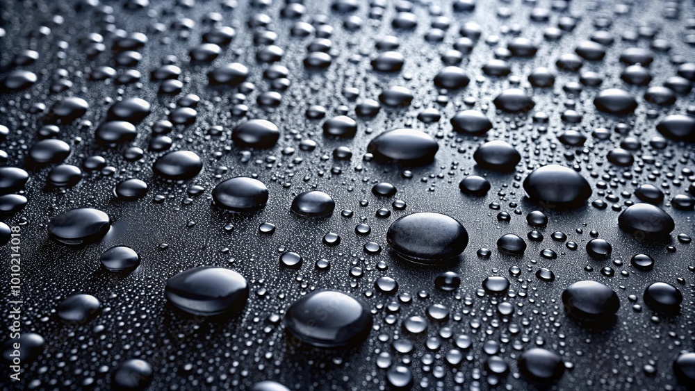 A Closeup of Water Droplets on a Dark Surface, Reflecting Light and Creating a Delicate Abstract Pattern A Closeup of Water Droplets on a Dark Surface, Reflecting Light and Creating a Delicate Abstract Pattern