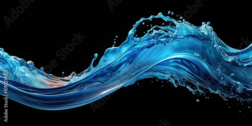 A Vivid Blue Water Wave Crashing and Splashing on a Black Background