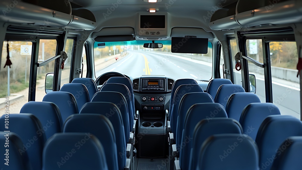 Fototapeta premium Empty bus interior with blue seats and open road view