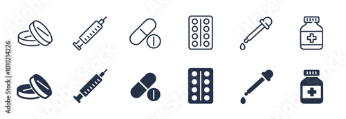 Medical drugs line and glyph solid icons collection. Minimal icon and symbol series vector illustration