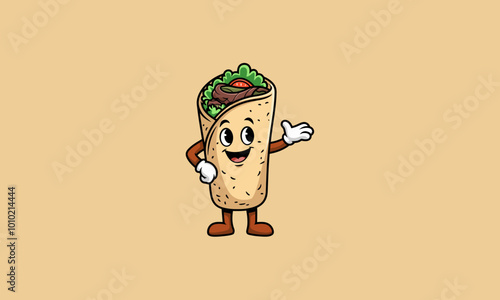 Happy burrito cartoon character waving on beige background.