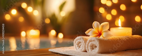 Realistic photo of a candlelit spa room with fresh plumeria frangipani flowers placed on a soft towel, highlighting a luxurious and calming retreat photo