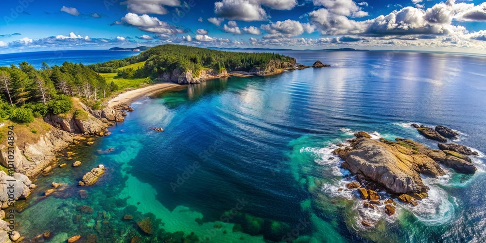 Fototapeta premium Aerial View of a Secluded Coastal Inlet with Pristine Waters, Surrounded by Lush Greenery and Rocky Outcroppings