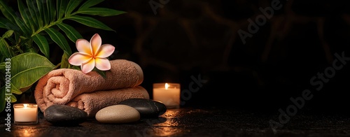 Realistic photo of a massage therapy setup with smooth stones, plumeria frangipani flowers, and soft towels, evoking a sense of relaxation and rejuvenation