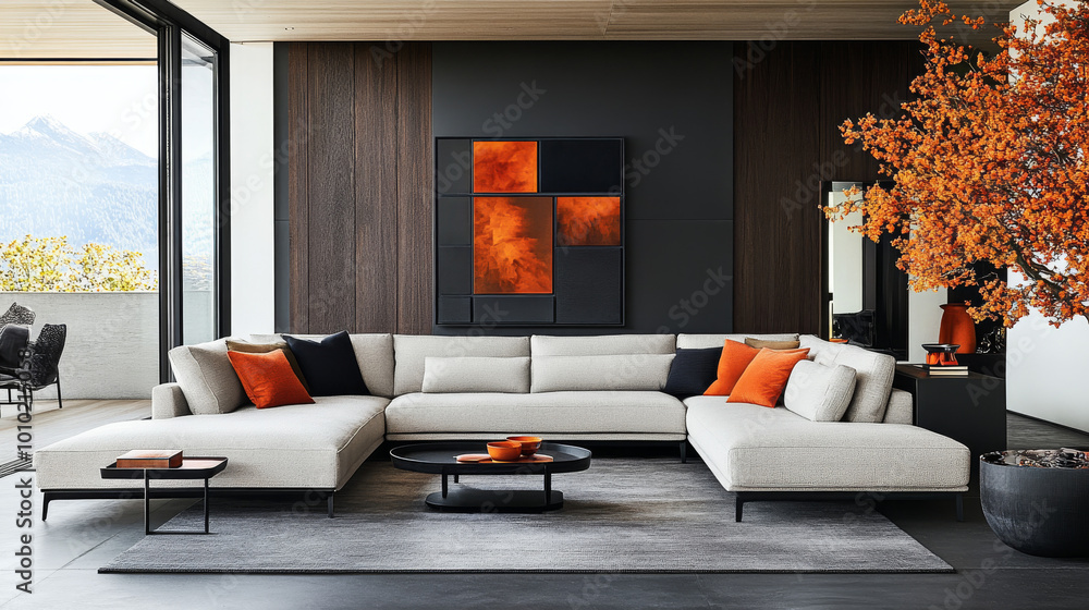 Fototapeta premium Modern living room with sectional sofa and orange accents.