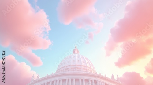 A white dome with a pink sky in the background