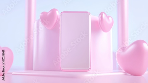 A pink cell phone is on a pink stand with three pink hearts surrounding it