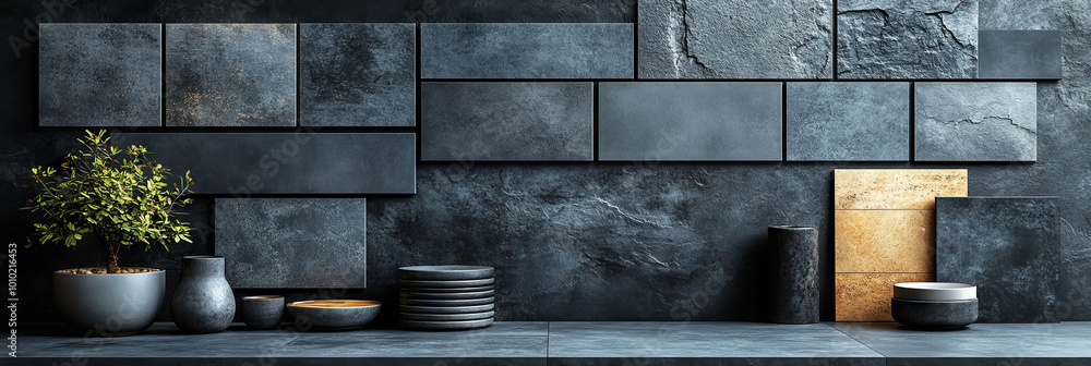 Fototapeta premium Dark stone wall backdrop with minimalist decor.
