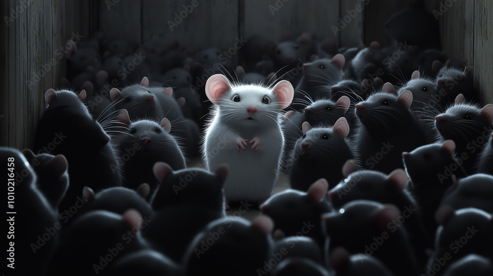 Obraz premium Single white mouse is standing out from a crowd of black mice