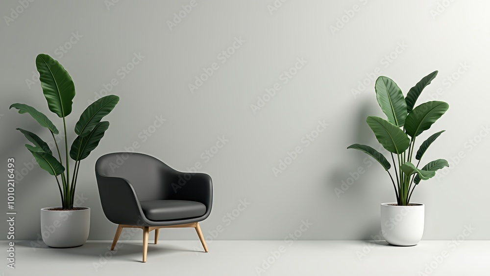 Minimalist Interior Design with Green Plants and Modern Armchair Minimalist Interior Design with Green Plants and Modern Armchair