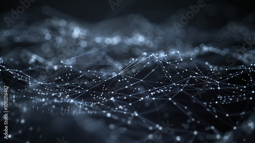 Digital abstract wave composed of particles and lines, resembling a futuristic, technological landscape