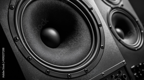 Professional audio speaker is showing its depth and power in a black and white closeup