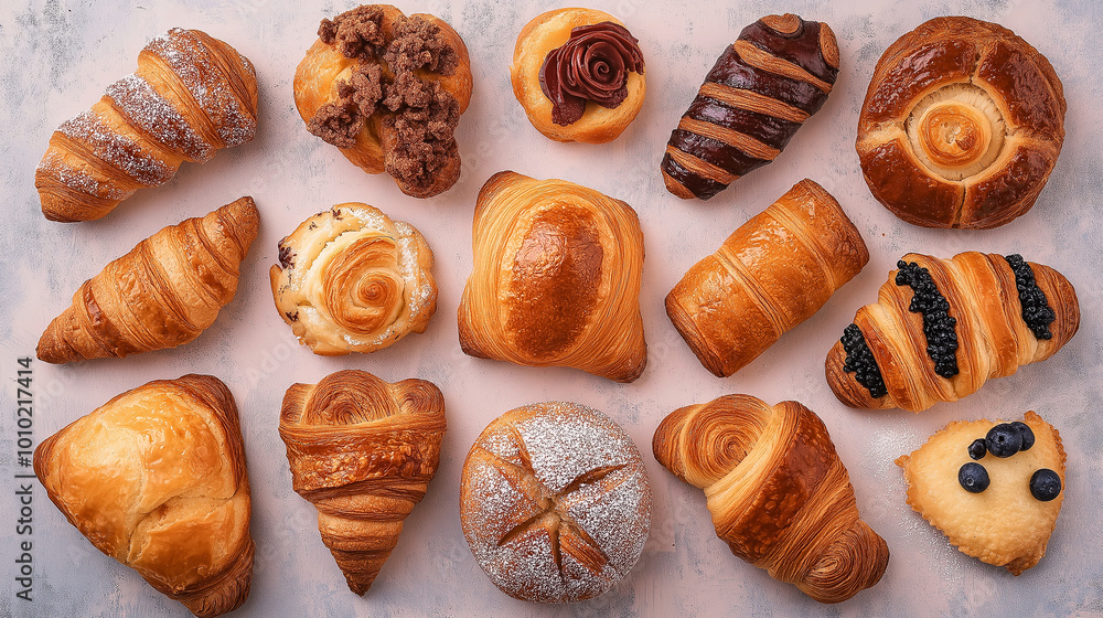 Delicious freshly baked pastries lying on pink table are waiting to be eaten Delicious freshly baked pastries lying on pink table are waiting to be eaten