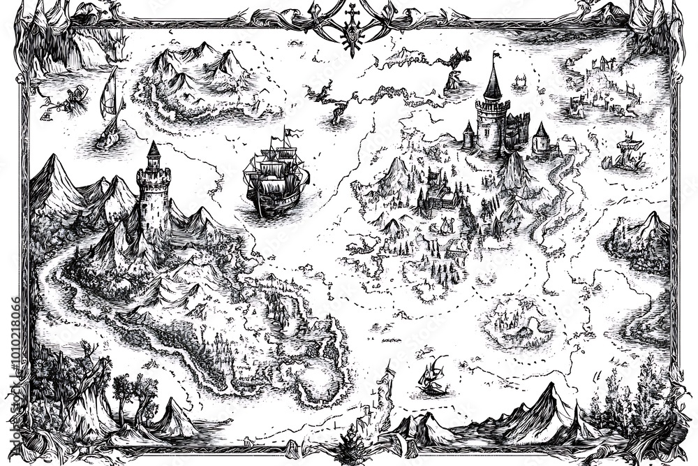 Obraz premium Vintage Black and White Fantasy Map Illustration