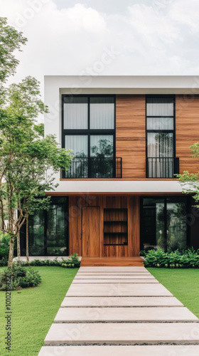 Modern home with wooden accents and a stone pathway.