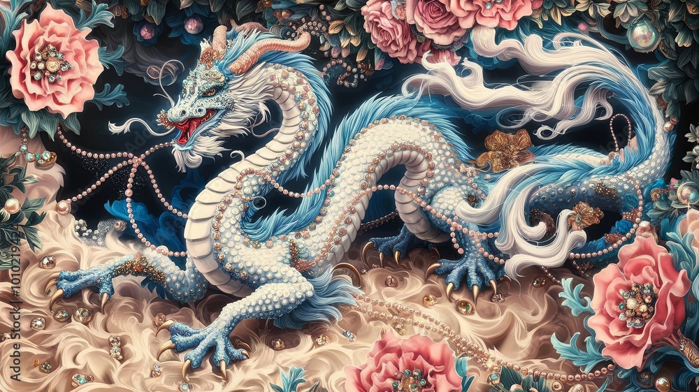 Mythical Dragon Surrounded by Floral Elements Mythical Dragon Surrounded by Floral Elements