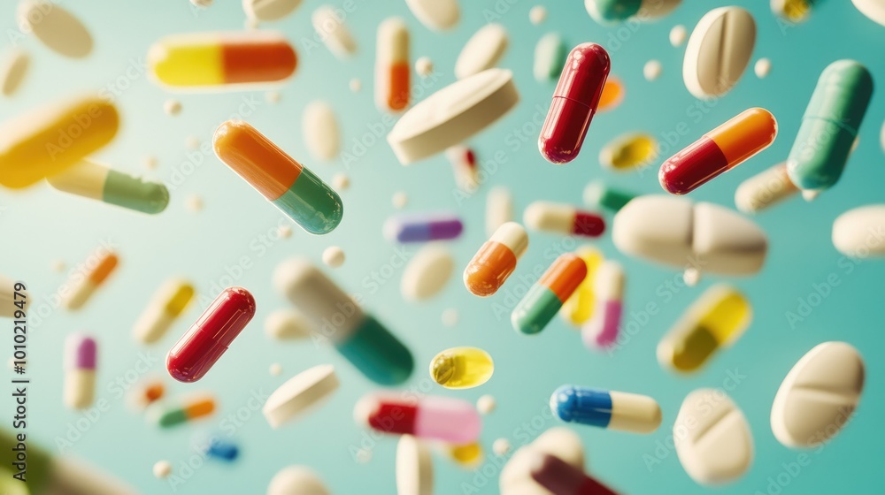 Multi-colored pills and capsules of drugs flying in all directions Multi-colored pills and capsules of drugs flying in all directions
