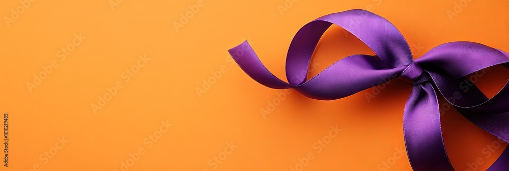 purple ribbon and bow on orange background, gift wrap concept purple ribbon and bow on orange background, gift wrap concept