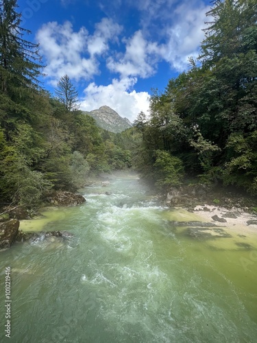 The Soča river near Bovac with its wooded shore (Bovec, Slovenia) - Der Fluss Soca bei Bovec mit einem bewaldeten Ufer (Bovec, Slowenien) - Reka Soča pri Bovcu z gozdnatim bregom (Bovec, Slovenija) photo