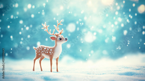 Cute reindeer fawn standing on snow in a snowy forest during christmas holiday