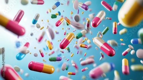 Multi-colored pills and capsules of drugs flying in all directions