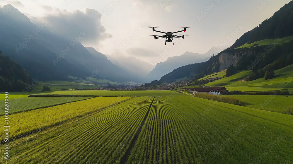 Modern drone flying over beautiful green fields in mountain valley at sunset Modern drone flying over beautiful green fields in mountain valley at sunset