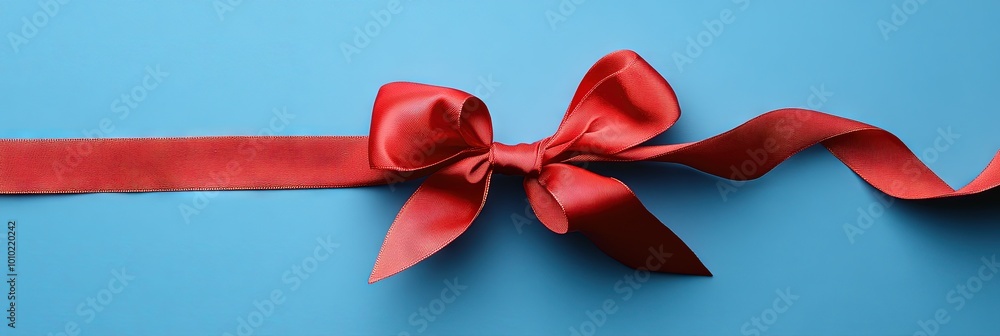 red ribbon and bow on blue background, gift wrap concept red ribbon and bow on blue background, gift wrap concept
