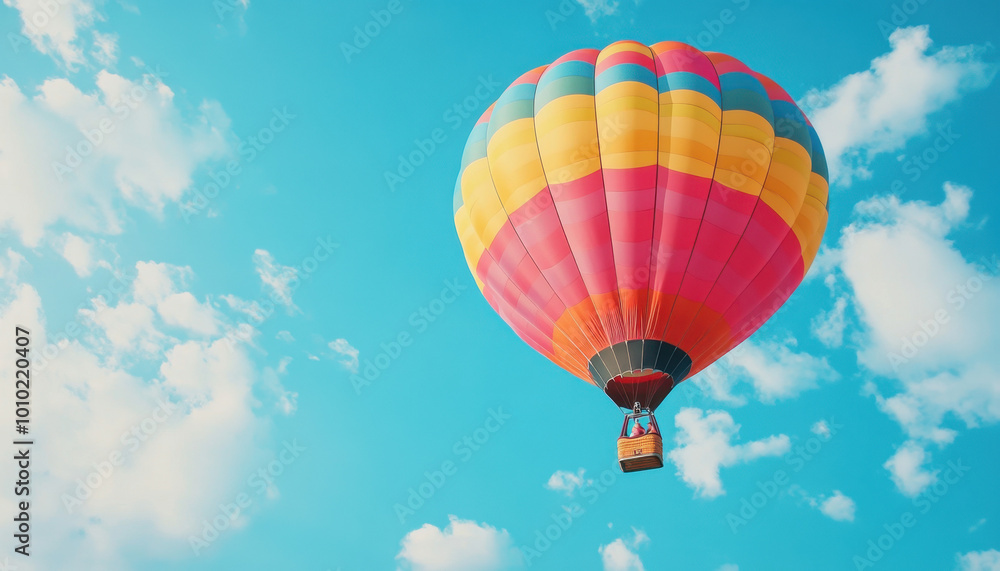 Fototapeta premium Vibrant hot air balloon soaring in a clear blue sky with fluffy clouds, capturing a sense of adventure and freedom.