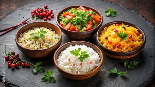 A culinary arrangement showcasing diverse rice preparations with garnishes, presented in wooden bowls on a rustic slate surface.