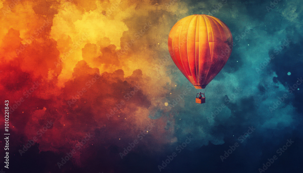Fototapeta premium A vibrant hot air balloon floats against a stunning multicolored sky, capturing a sense of adventure and serenity in a surreal, dreamlike atmosphere.