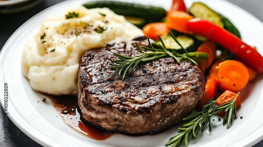 Grilled steak with mashed potatoes and grilled vegetables is served on a white plate Grilled steak with mashed potatoes and grilled vegetables is served on a white plate